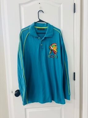 Y2K COOGI Australia Teal Polo with Neon Yellow Trim and Multicolor Logo